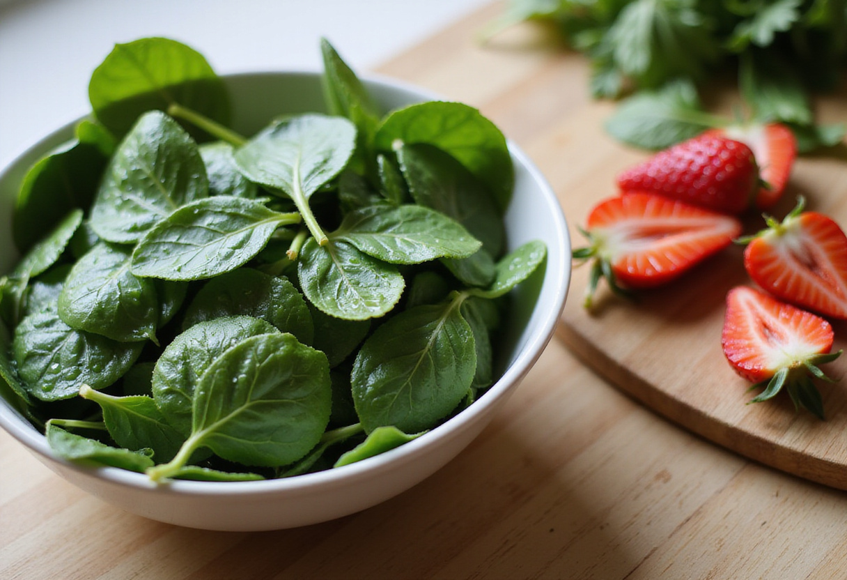 Fresh baby spinach leaves and sliced strawberries for a Strawberry Spinach Salad Recipe, healthy ingredients preparation.
