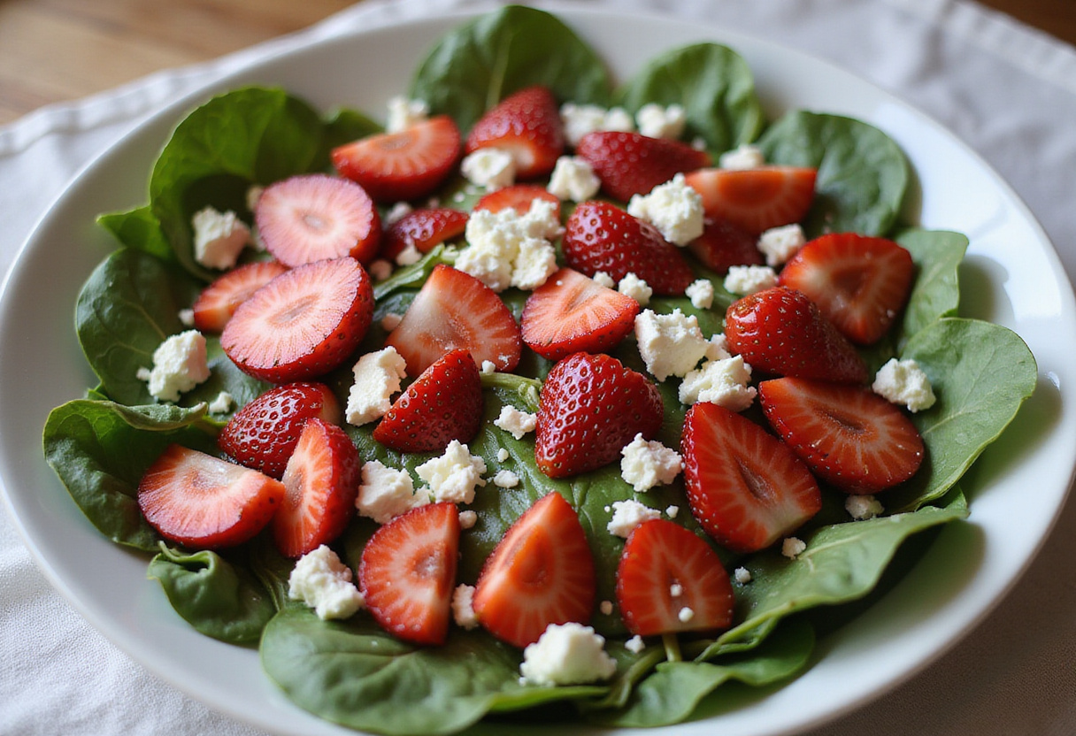 Sliced strawberries and crumbled feta cheese combined with spinach in a salad bowl for a vibrant Strawberry Spinach Salad Recipe, vibrant colors.