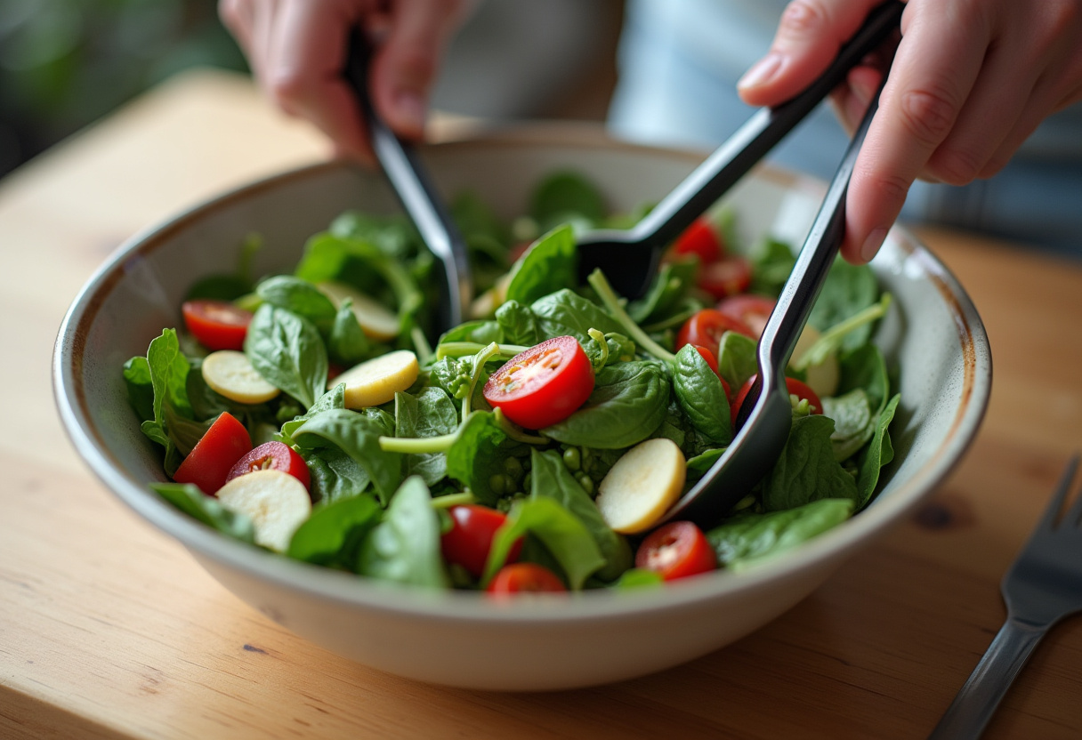 Tossing a colorful Strawberry Spinach Salad Recipe with tongs, ensuring all ingredients are mixed for a healthy and delicious dish.