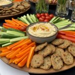 Delicious final presentation of Supermodel Snack with vibrant vegetables and creamy hummus on a wooden platter.