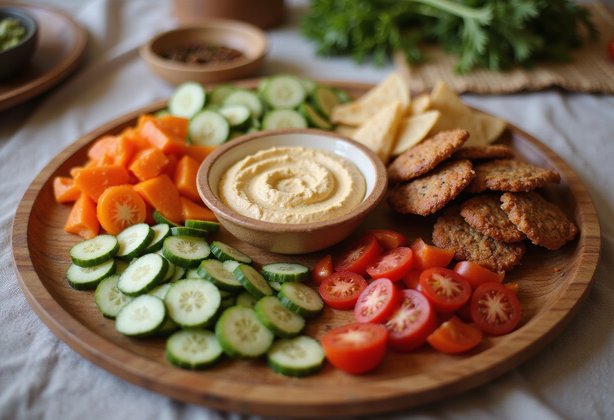 Delicious final presentation of Supermodel Snack with vibrant vegetables and creamy hummus on a wooden platter.