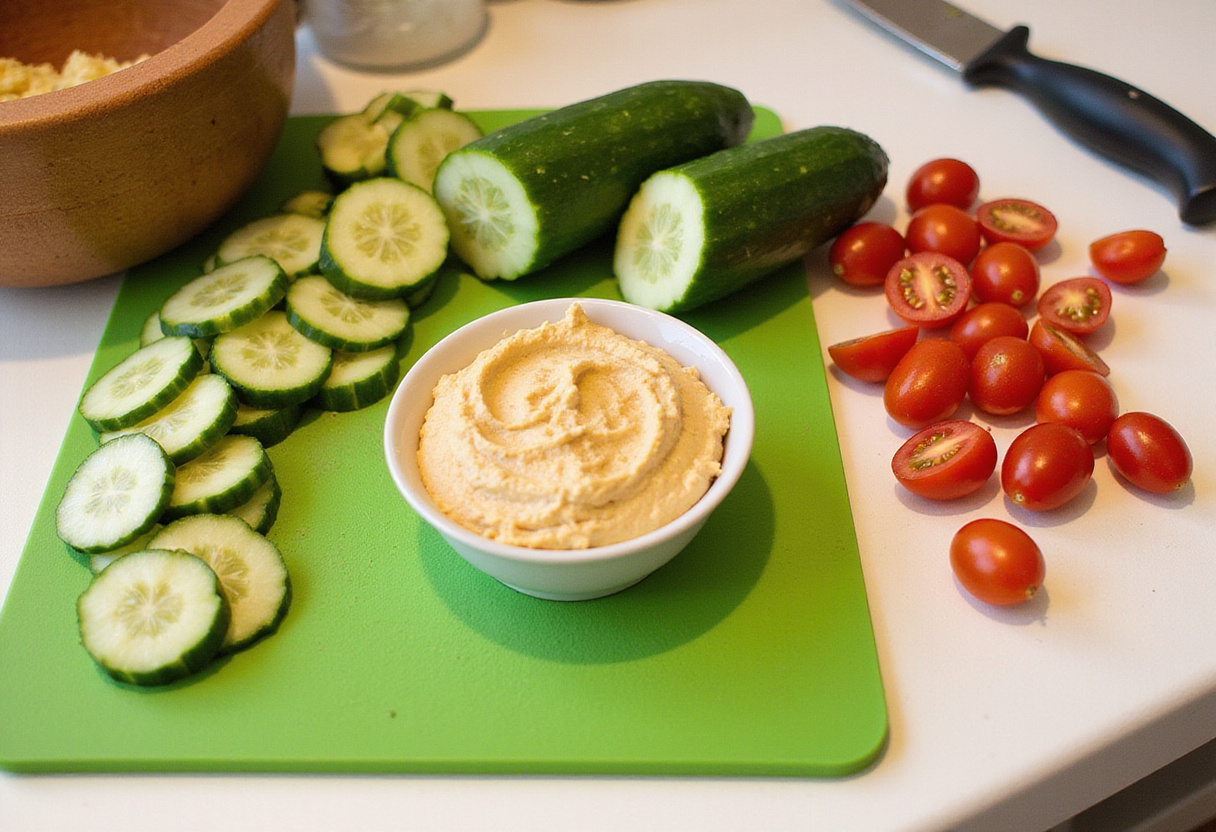 Healthy ingredients for Supermodel Snack including fresh cucumbers, cherry tomatoes, and hummus on a kitchen countertop.