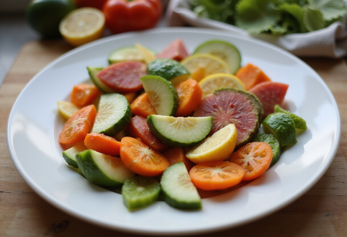 Artfully arranged sliced vegetables on a plate for a vibrant Supermodel Snack display.