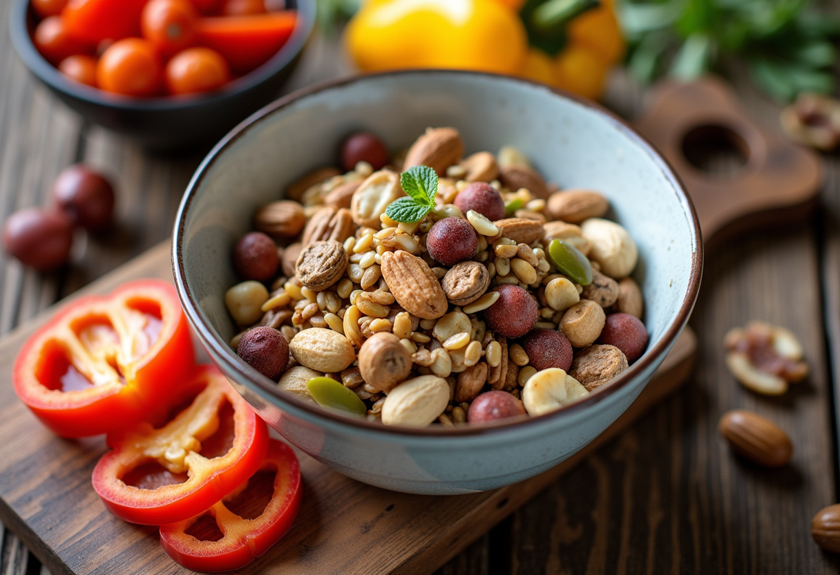 Nutritious bowl of nuts and seeds as part of the Supermodel Snack surrounded by fresh vegetables.