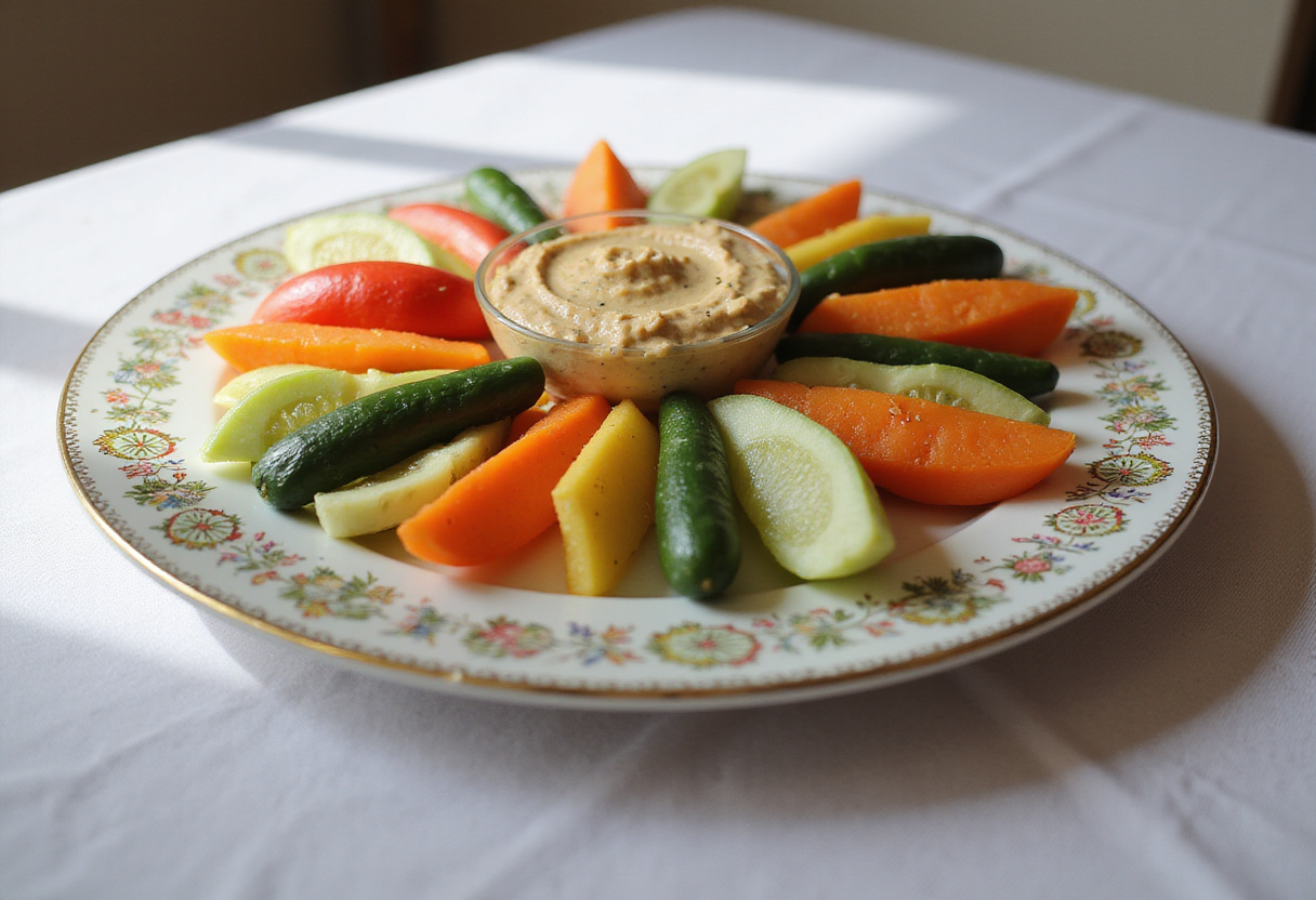 Finished Supermodel Snack presented on a platter with a variety of colorful vegetables and hummus.