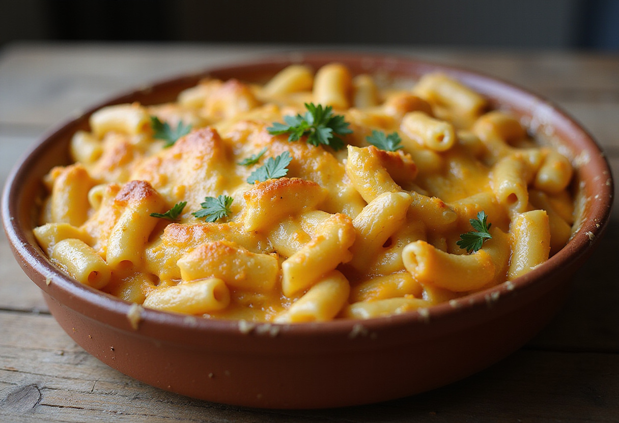 Deliciously baked Three-Cheese Baked Macaroni, golden and cheesy crust, comforting pasta dish presentation on a rustic wooden table.