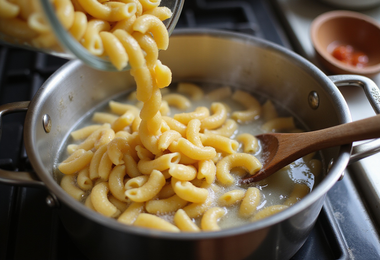 Boiling water with elbow macaroni for Three-Cheese Baked Macaroni, cooking pasta in a pot, Italian comfort food preparation.