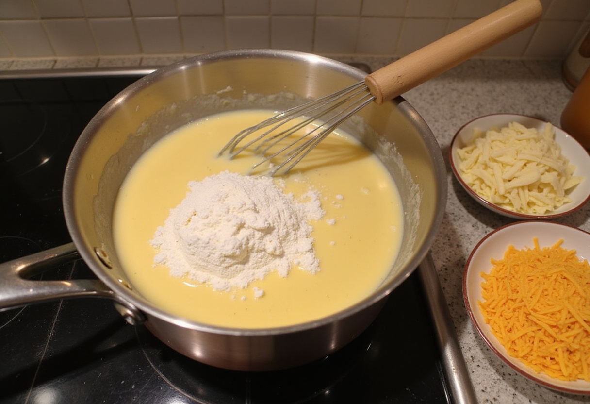 Creamy cheese sauce preparation for Three-Cheese Baked Macaroni, melted butter and flour, adding cheese mix, pasta sauce cooking.