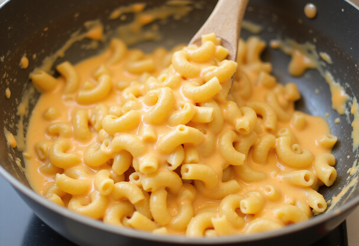 Combining macaroni with cheese sauce for Three-Cheese Baked Macaroni, creamy pasta dish, deliciously coated pasta in a mixing bowl.