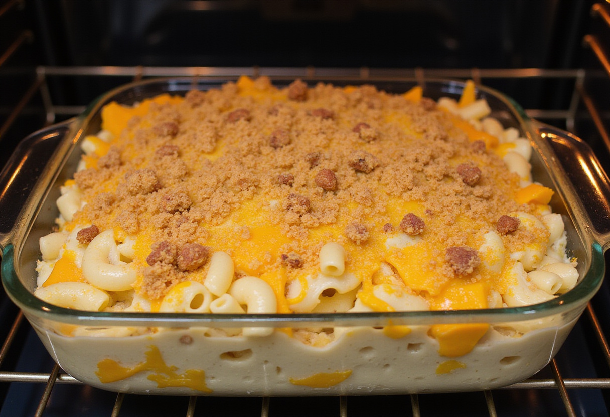 Preparing to bake Three-Cheese Baked Macaroni, macaroni and cheese mixture in a baking dish, topped with breadcrumbs ready for the oven.