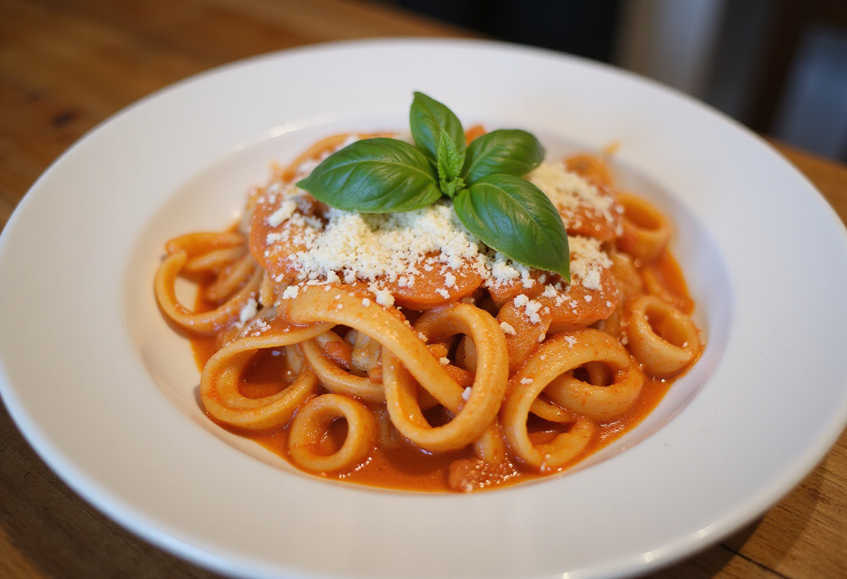 Final presentation of creamy tomato pasta garnished with basil and parmesan, showcasing a delicious Italian dish.
