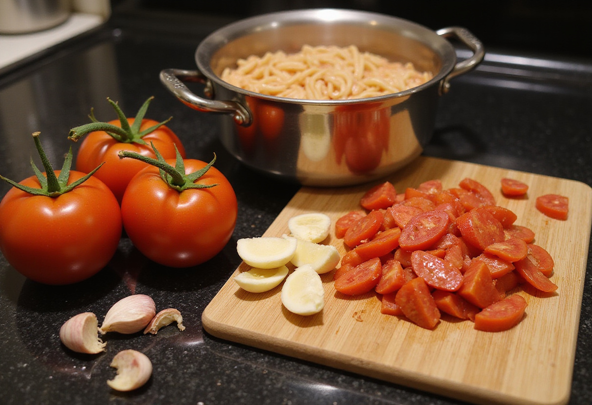 Tomato pasta preparation with fresh tomatoes and garlic on a cutting board next to a boiling pot.