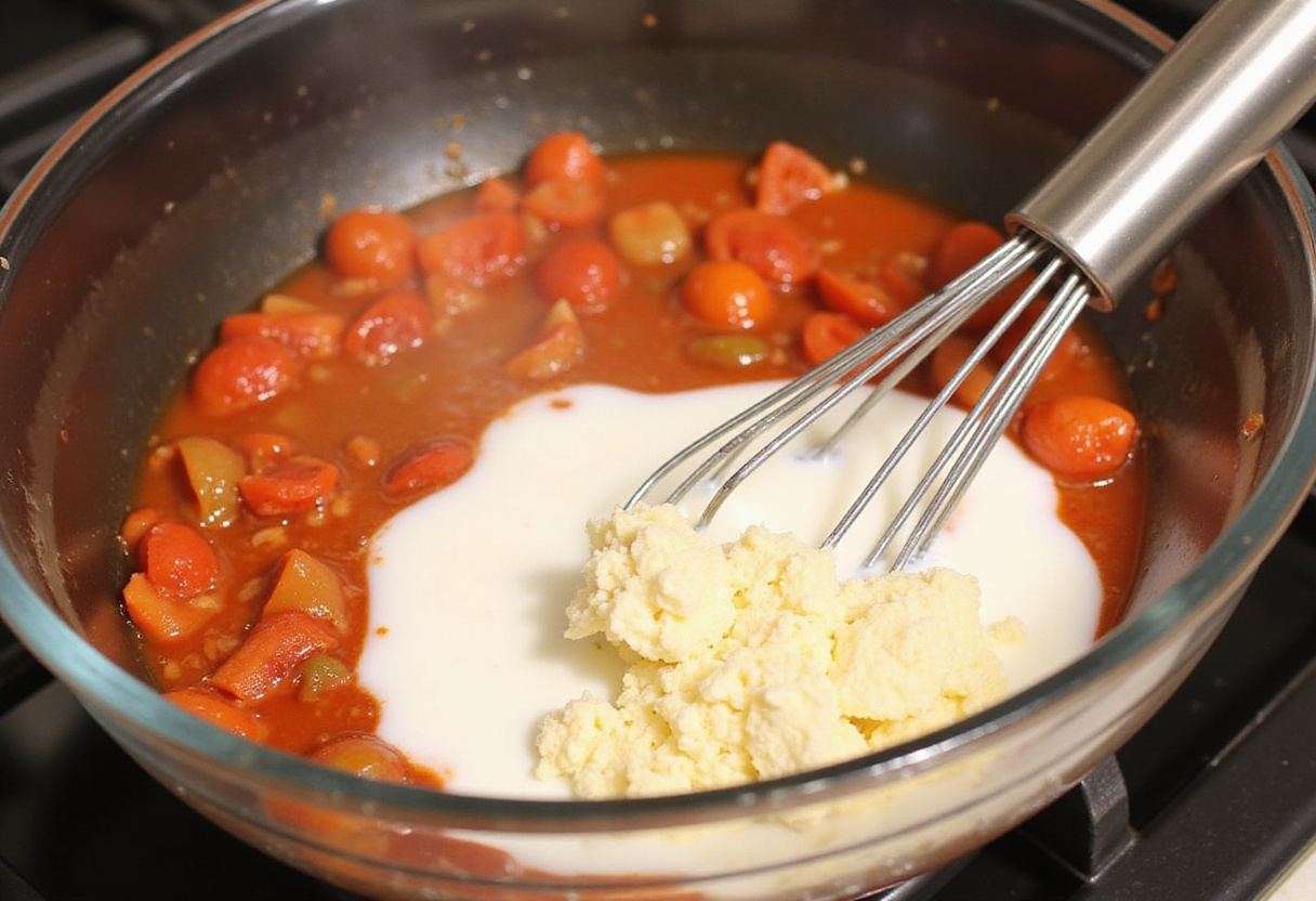 Whisking heavy cream and parmesan cheese for creamy tomato sauce against the backdrop of sautéed tomatoes.