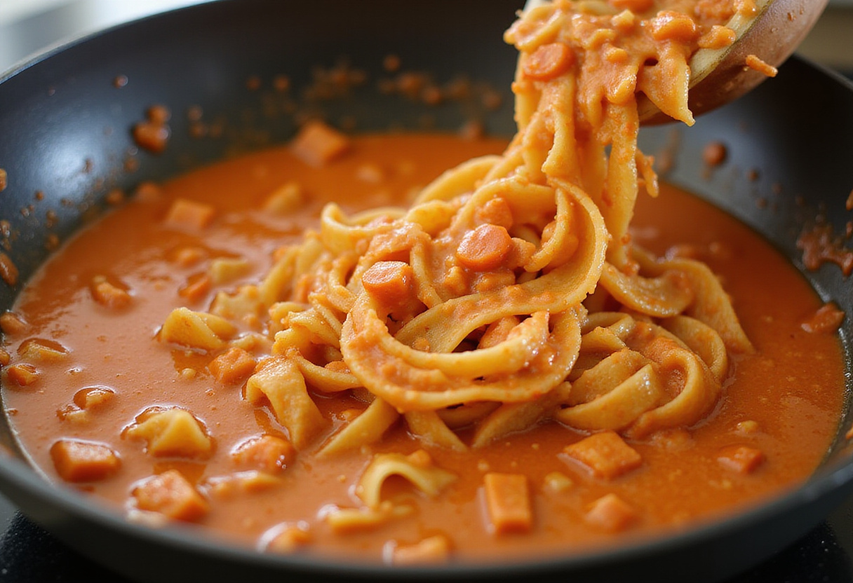 Mixing cooked pasta with creamy tomato sauce, preparing a delicious dish of creamy tomato pasta.