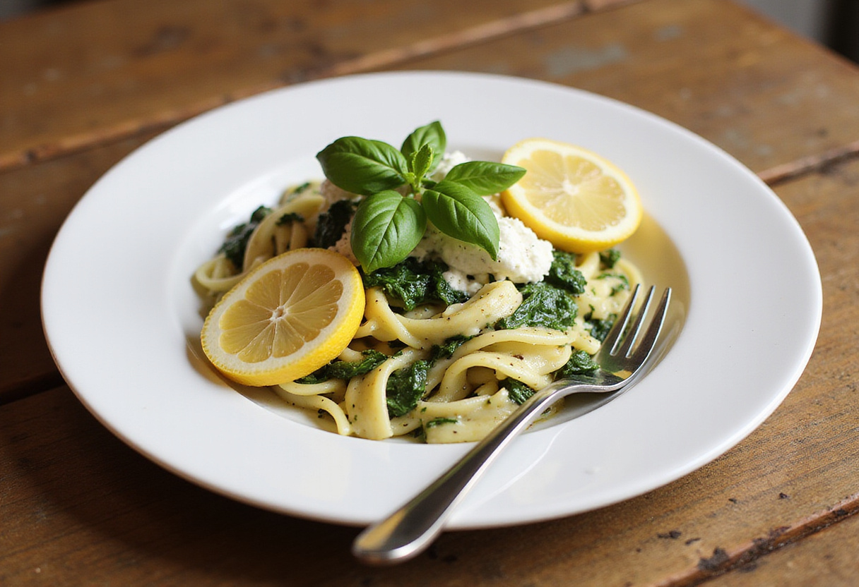 Deliciously plated Zesty Lemon Ricotta and Spinach Pasta, showcasing vibrant colors and garnishes, perfect for a delightful meal.
