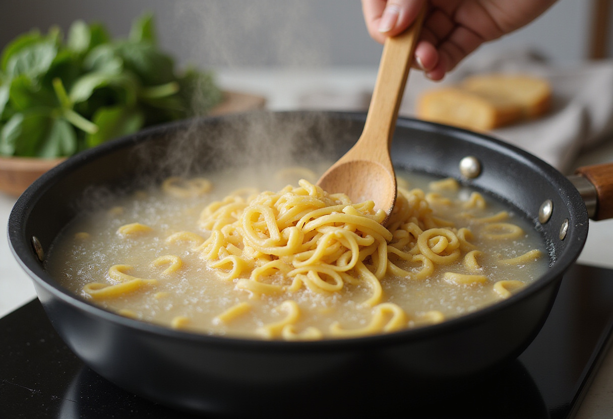 Cooking pasta in boiling water, an essential step for making delicious Zesty Lemon Ricotta and Spinach Pasta with fresh ingredients.