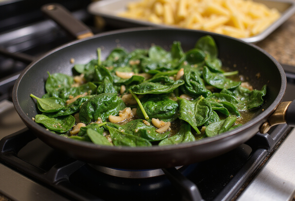 Sautéing garlic and fresh spinach in a pan for Zesty Lemon Ricotta and Spinach Pasta, showcasing essential cooking steps.