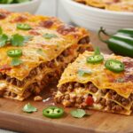 Final presentation of the best taco lasagna, garnished and ready to serve, showcasing layered flavors and textures.