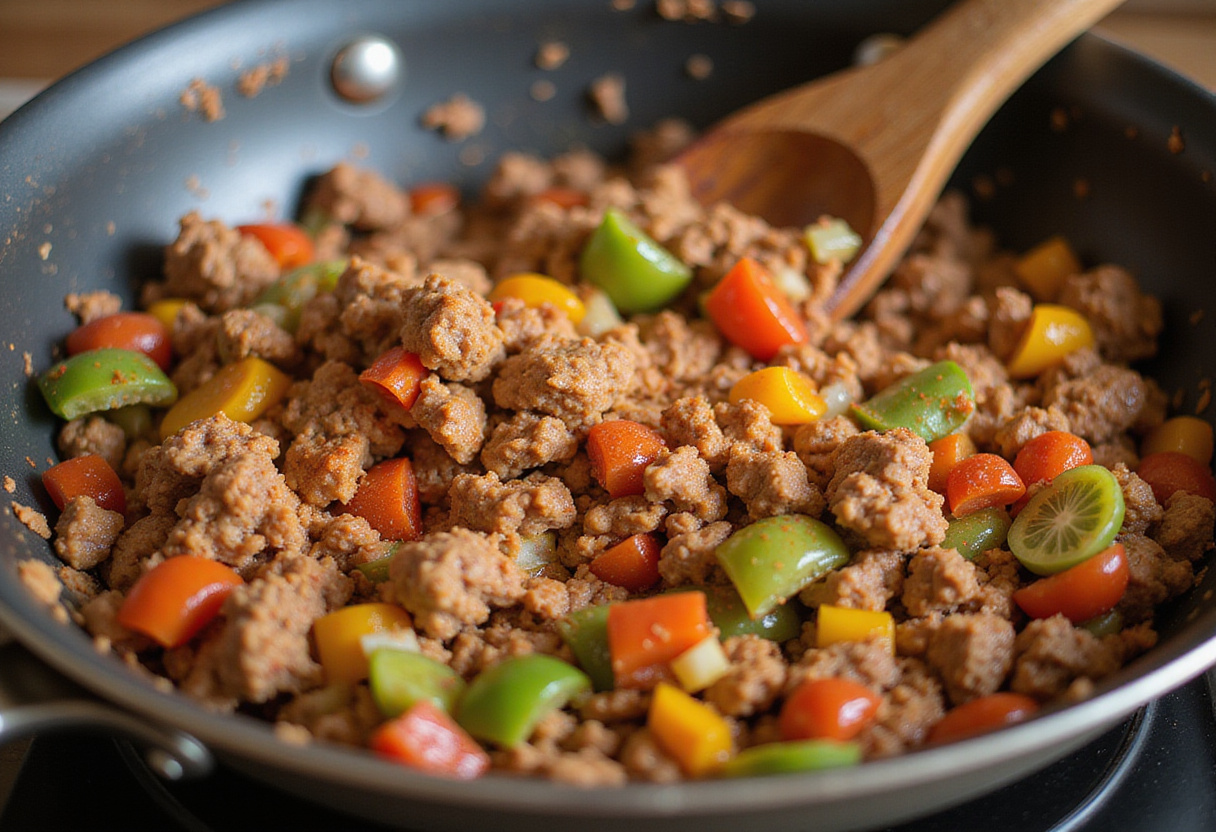 Ground beef and taco seasoning being cooked for a flavorful taco lasagna filling in a skillet.