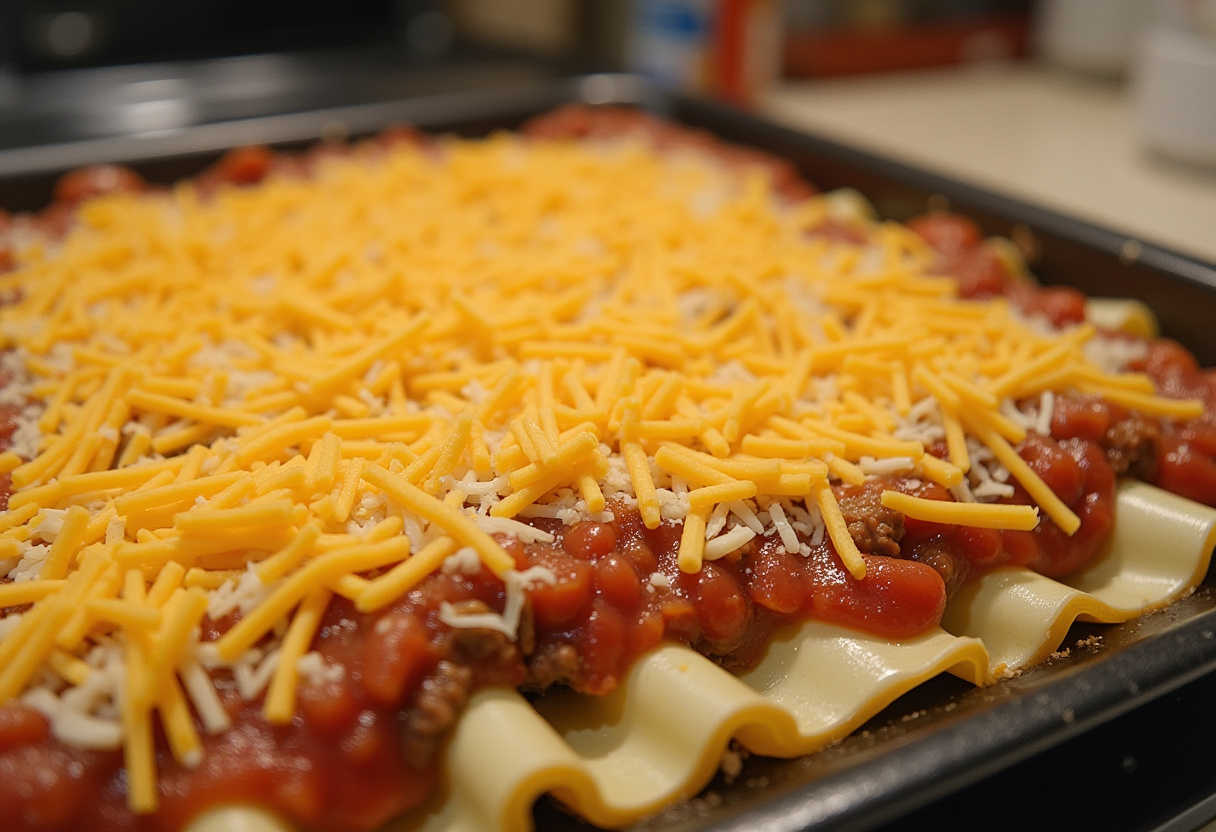 Layering beef mixture and salsa on lasagna noodles for the best taco lasagna recipe.