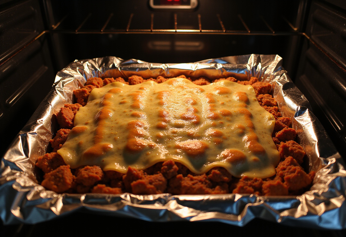 Taco lasagna ready to bake in a preheated oven, covered with foil for a delicious finish.