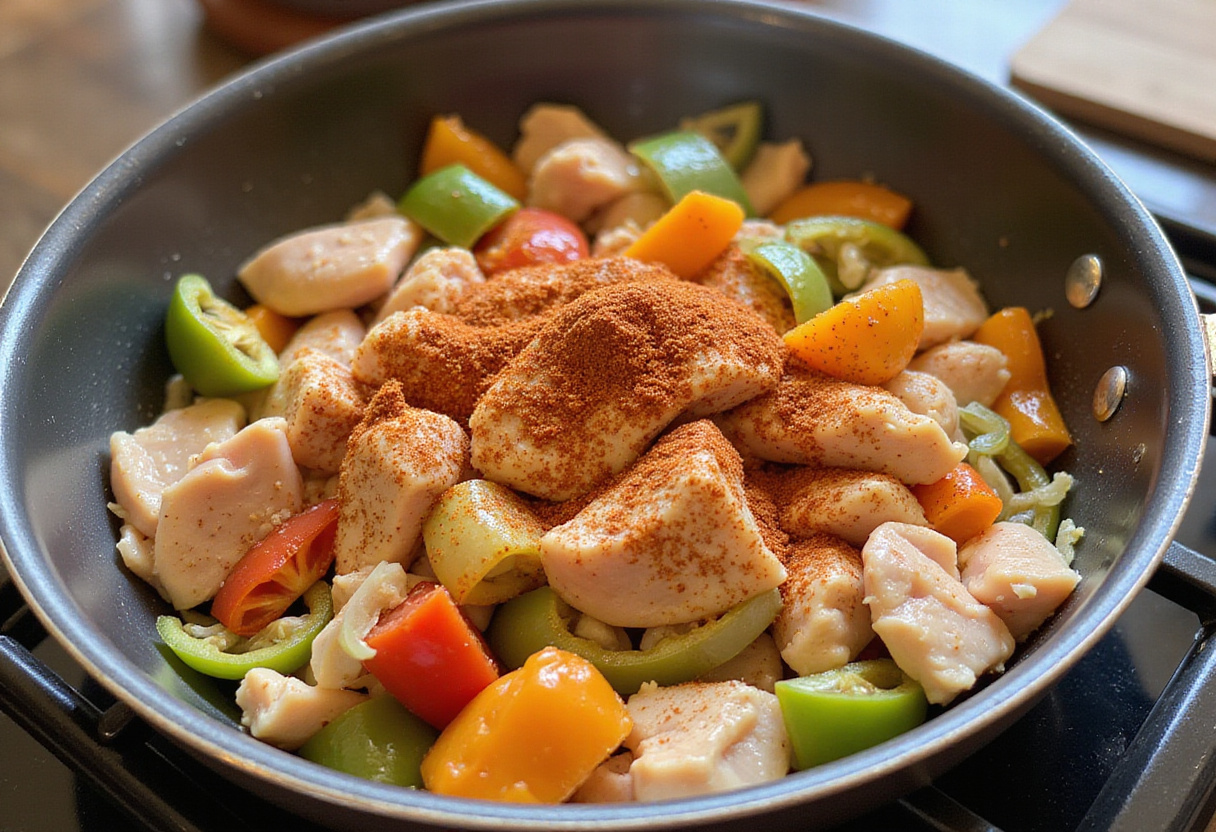 Diced chicken breast, bell peppers, and onions seasoned for fajita chicken casserole preparation.
