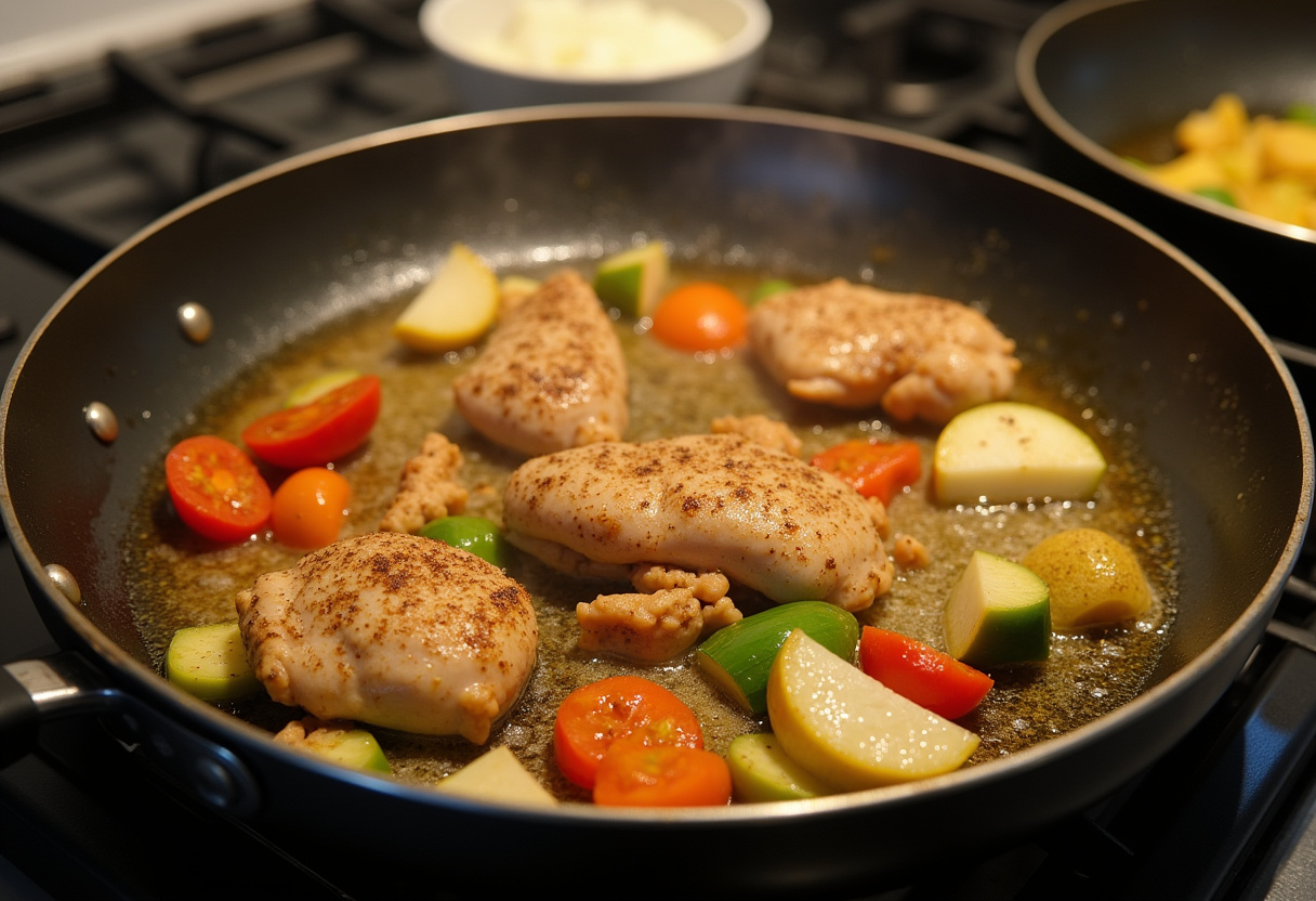 Sautéing seasoned chicken and vegetables in a skillet for fajita chicken casserole.