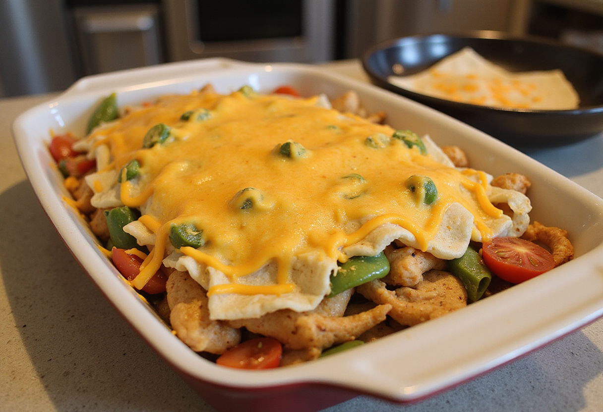 Assembling layers of chicken, vegetables, tortillas, and cheese in a baking dish for a delicious fajita chicken casserole.