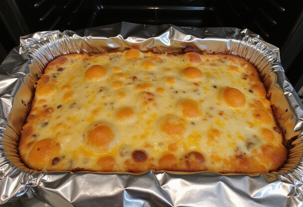 Covering the fajita chicken casserole with foil before baking for an irresistible dish.