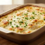 A deliciously baked Chicken Alfredo Casserole displayed beautifully, showcasing its creamy texture and golden cheese, ideal for a comforting meal.