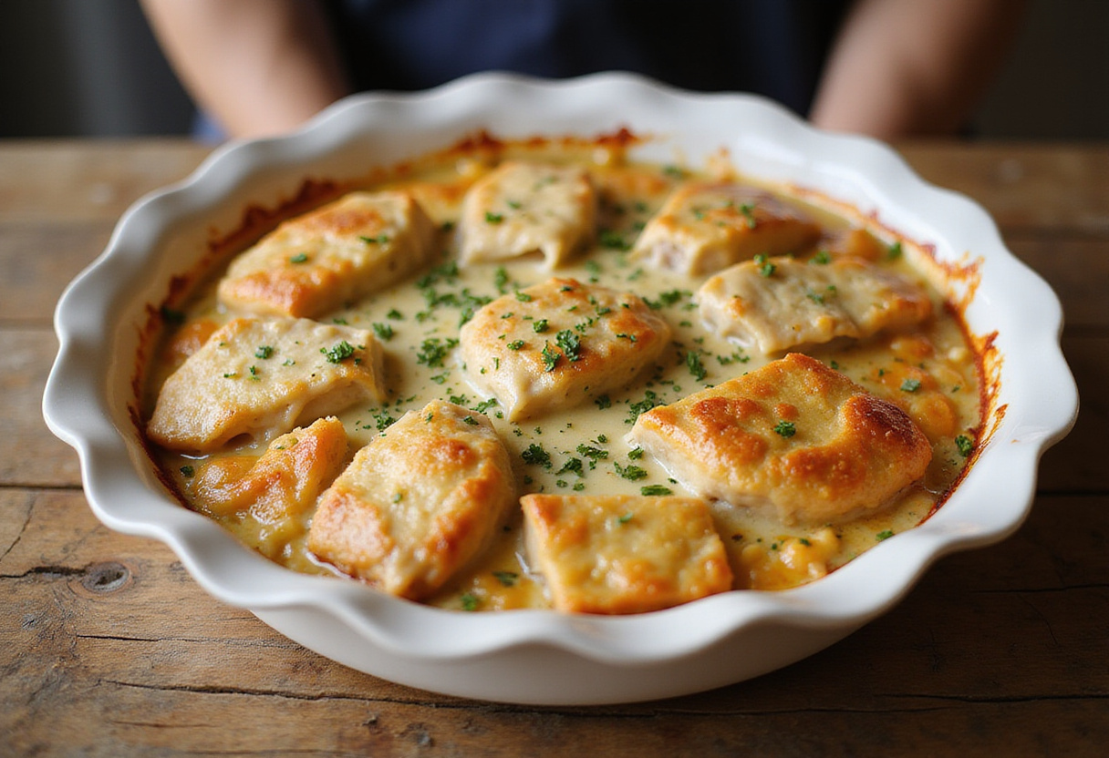 A deliciously baked Chicken Alfredo Casserole displayed beautifully, showcasing its creamy texture and golden cheese, ideal for a comforting meal.