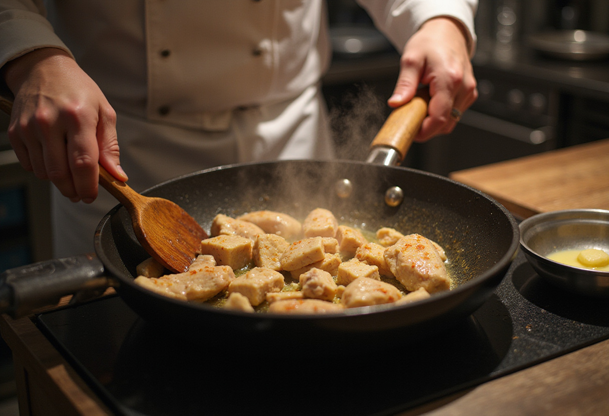 Sautéing chicken breast for a delicious Chicken Alfredo Casserole with garlic and butter, perfect for a comforting family dinner.