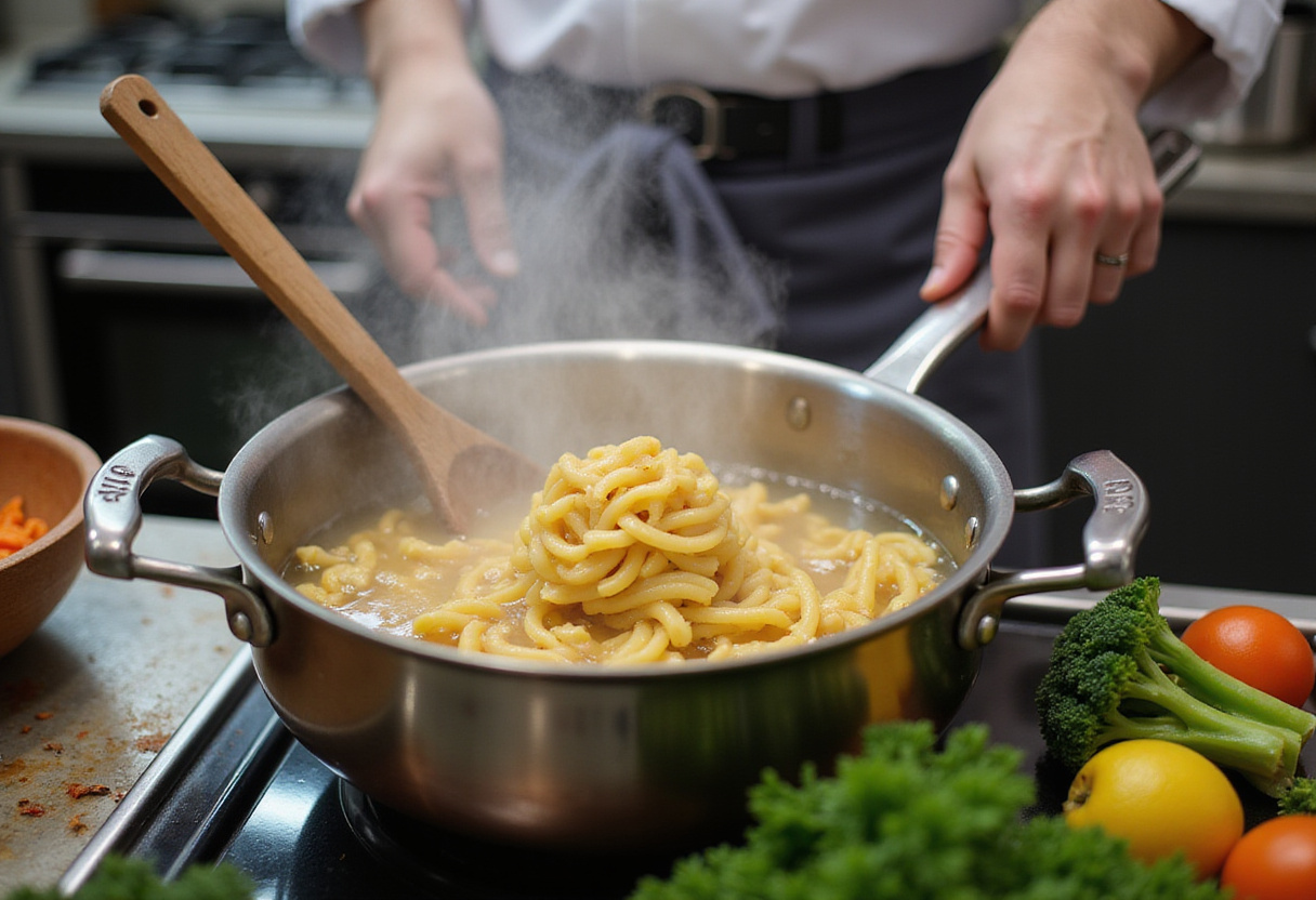 Cooking pasta for Chicken Alfredo Casserole, while preparing fresh ingredients like broccoli for a rich and flavorful dish.