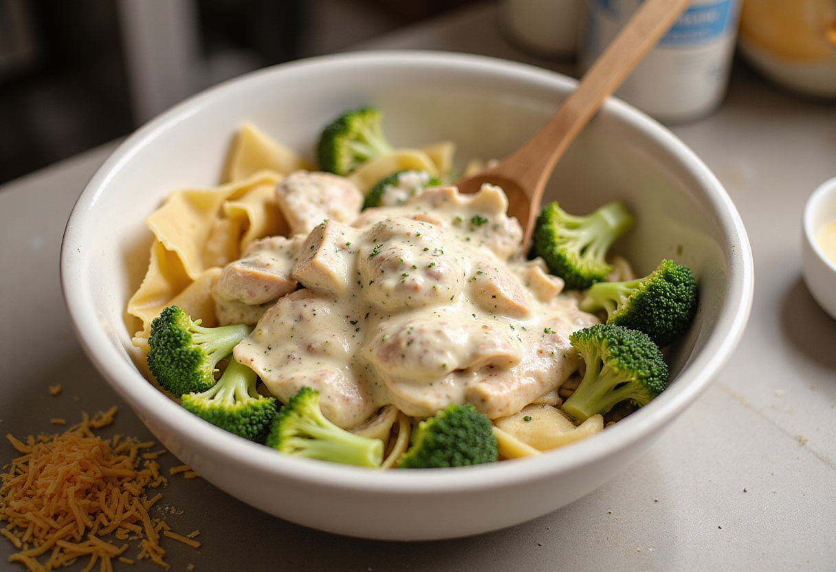 Combining pasta, chicken, broccoli, and creamy Alfredo sauce for an irresistible Chicken Alfredo Casserole packed with flavor.