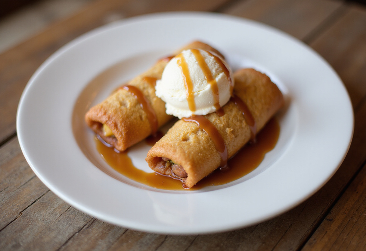 Delicious Peach Cobbler Egg Rolls served on a plate with vanilla ice cream and caramel, a delightful dessert that perfectly balances flavors.