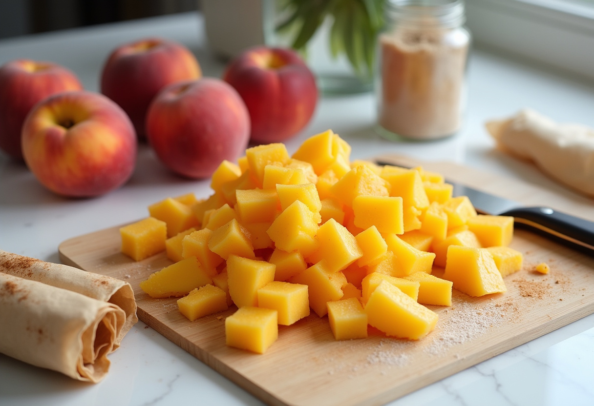 Fresh peaches and ingredients for making the best Peach Cobbler Egg Rolls located on a kitchen countertop, ideal for dessert lovers.