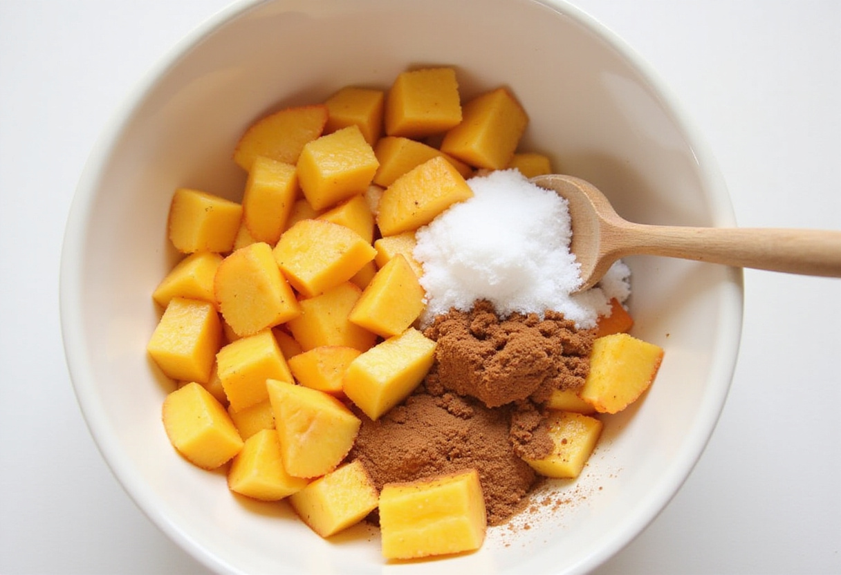 Mixing delicious peach filling for Peach Cobbler Egg Rolls in a bowl, showcasing vibrant ingredients combined for flavor perfection.