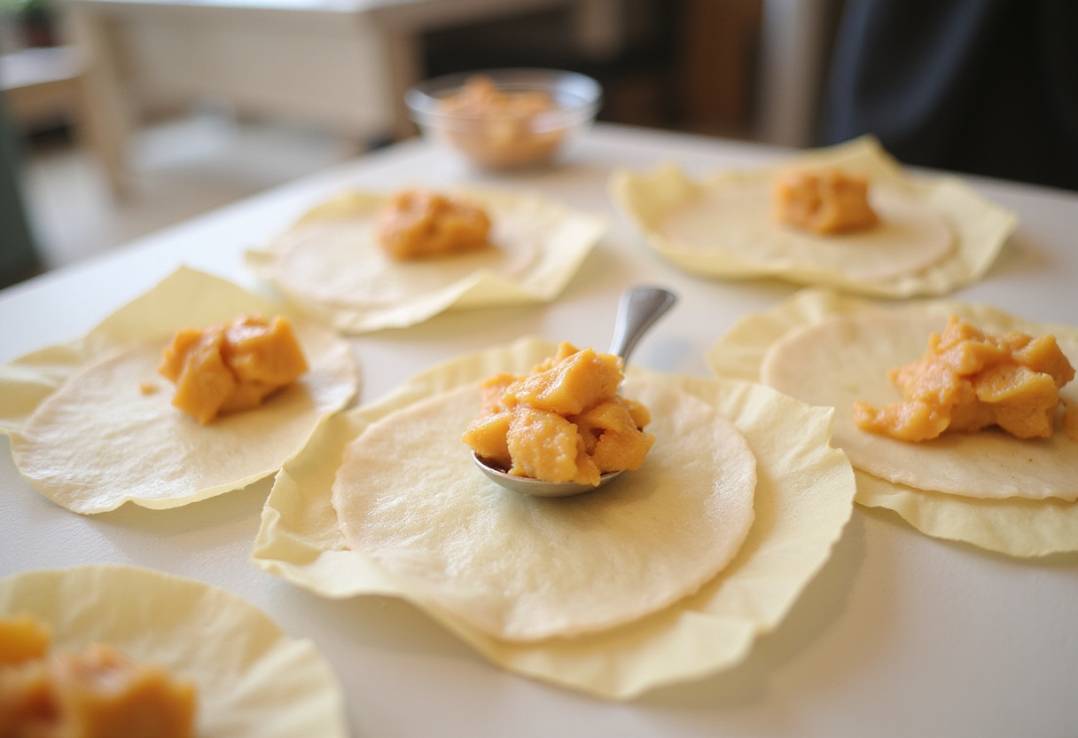Peach filling placed on egg roll wrappers, ready to be shaped into delicious Peach Cobbler Egg Rolls on a kitchen table.