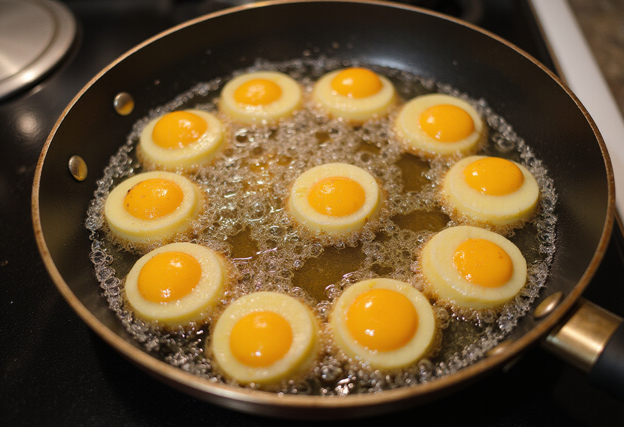 Golden brown Peach Cobbler Egg Rolls frying in a pan, the perfect treat being prepared in a homey kitchen environment.