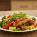 Final presentation of 10-minute air fryer chicken sausage and veggies, beautifully plated and ready to be enjoyed.