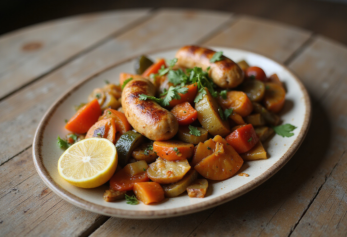 Final presentation of 10-minute air fryer chicken sausage and veggies, beautifully plated and ready to be enjoyed.