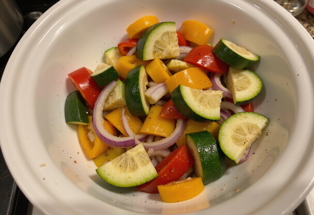 Fresh bell peppers, zucchini, and red onion mixed with olive oil, ready for 10-minute air fryer chicken sausage and veggies recipe.