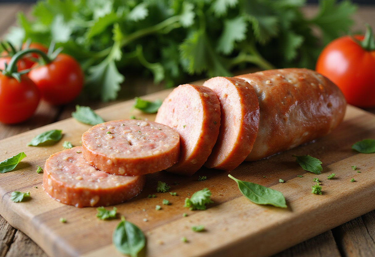 Sliced chicken sausage on a cutting board, preparing for a quick and healthy air fryer chicken sausage and veggies dish.