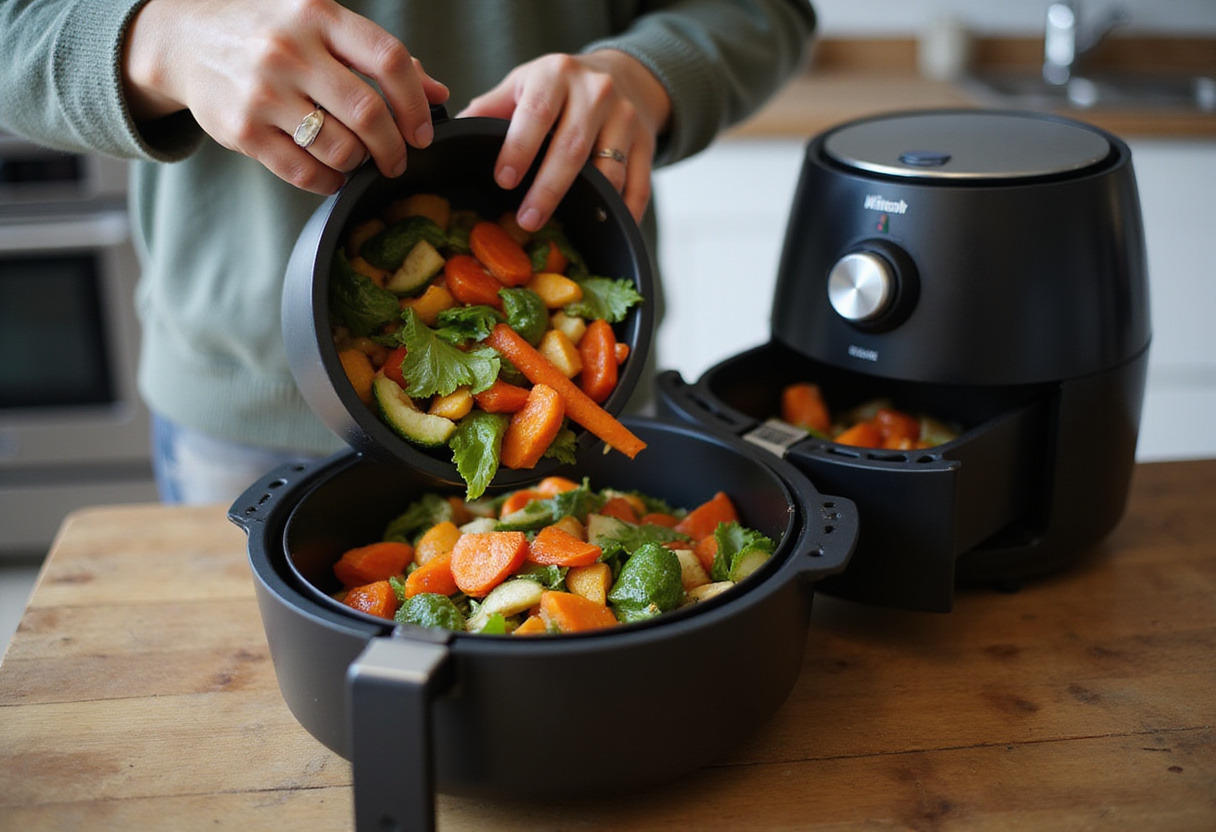 Vegetables being added to an air fryer basket, illustrating the process of making quick air fryer chicken sausage and veggies.