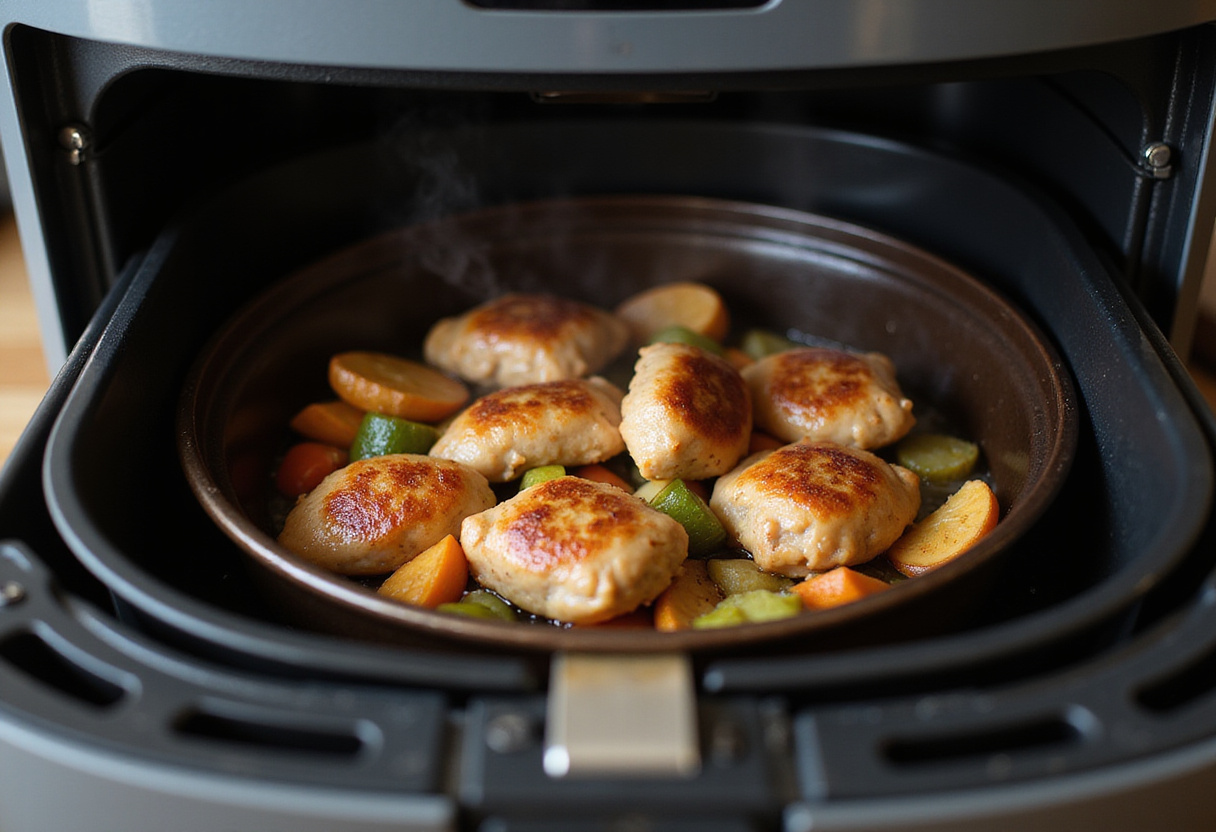 Cooked chicken sausage and veggies just out of the air fryer, showcasing a quick and flavorful 10-minute meal.