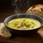 Delicious bowl of 30-Minute Cauliflower Chicken Soup ready to serve, ideal for anyone seeking healthy anti-inflammatory meal options.
