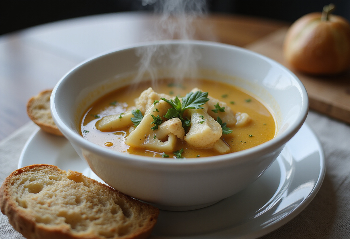 Delicious bowl of 30-Minute Cauliflower Chicken Soup ready to serve, ideal for anyone seeking healthy anti-inflammatory meal options.