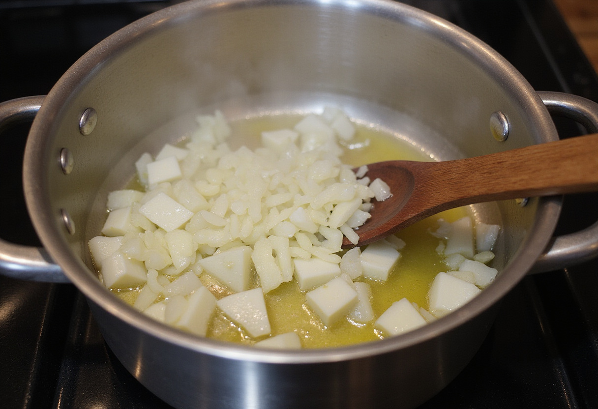 Cooking onions and garlic in a pot for a delicious 30-Minute Cauliflower Chicken Soup, perfect for an anti-inflammatory diet.