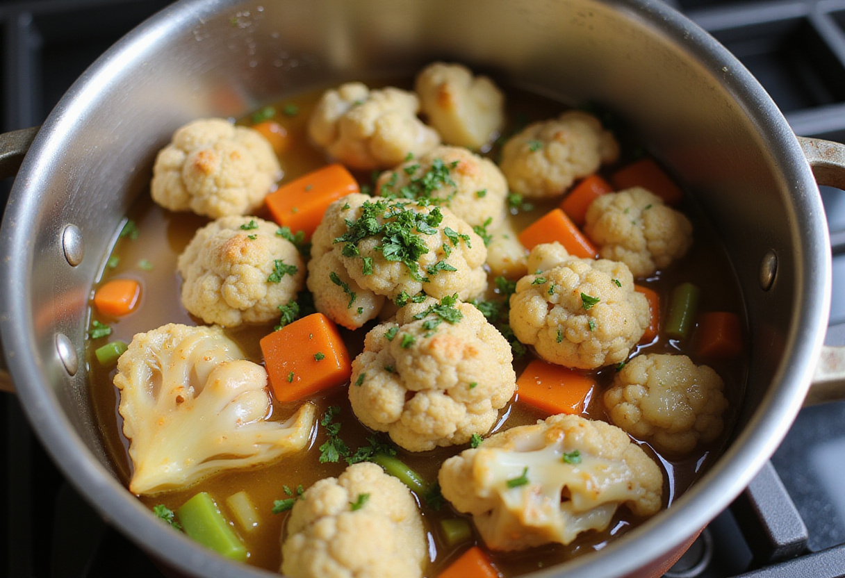 Simmering pot of 30-Minute Cauliflower Chicken Soup, featuring cauliflower and chicken, an easy anti-inflammatory recipe for wellness.