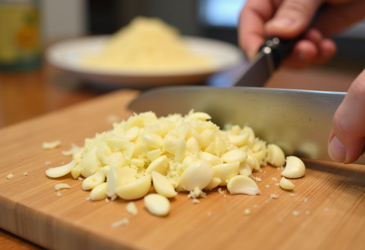 Preparation of Garlic Parmesan Chicken with minced garlic and grated Parmesan for delicious flavoring.
